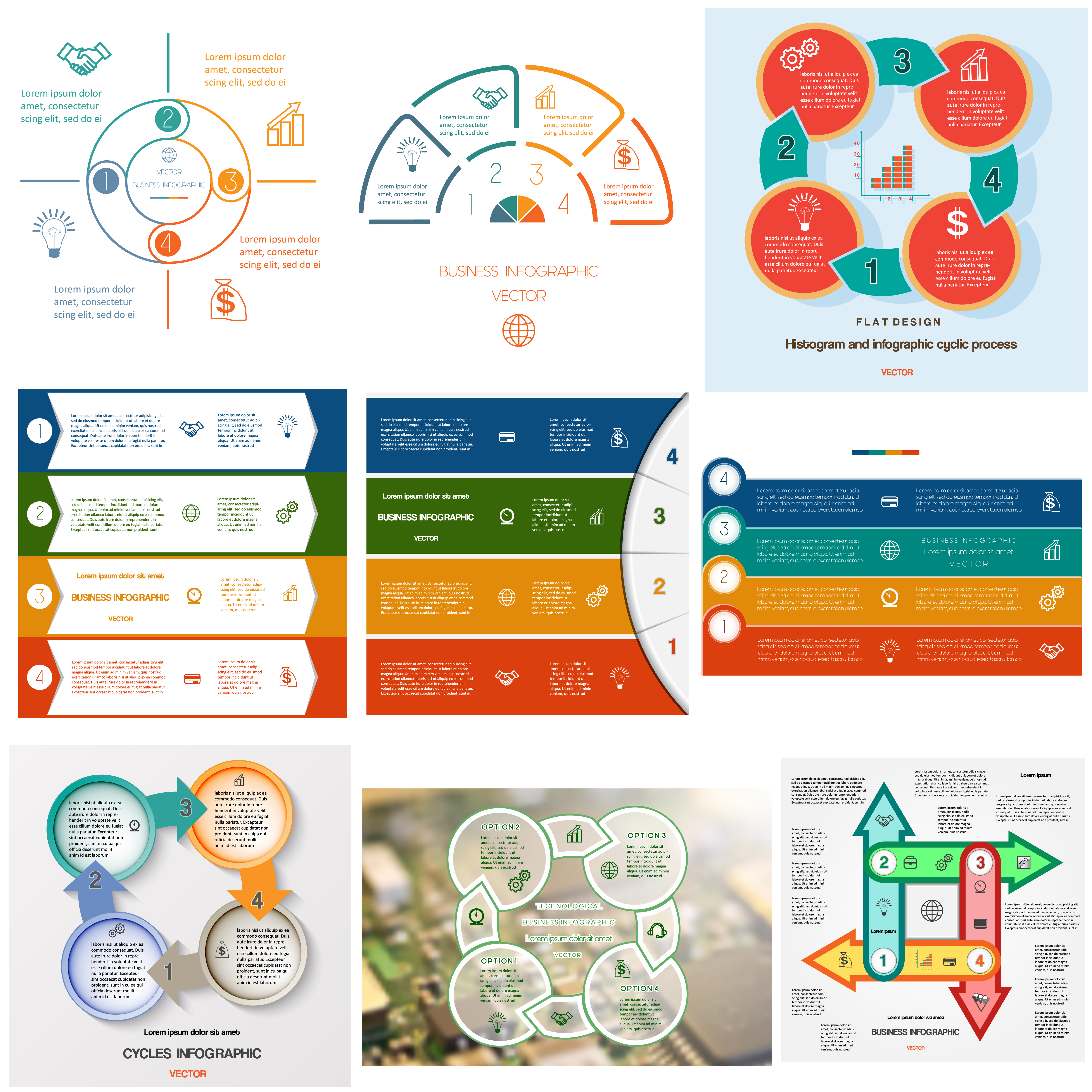Set 9 templates. Infographics for business conceptual cyclic processes on four positions possible to use for workflow, banner, diagram, web design, timeline, area chart